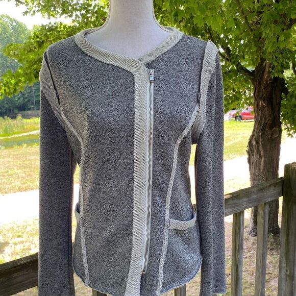 2 Sisters Size Medium Gray Asymmetrical Moto Raw Hem Full Zip SweaterJacket - Picture 1 of 7